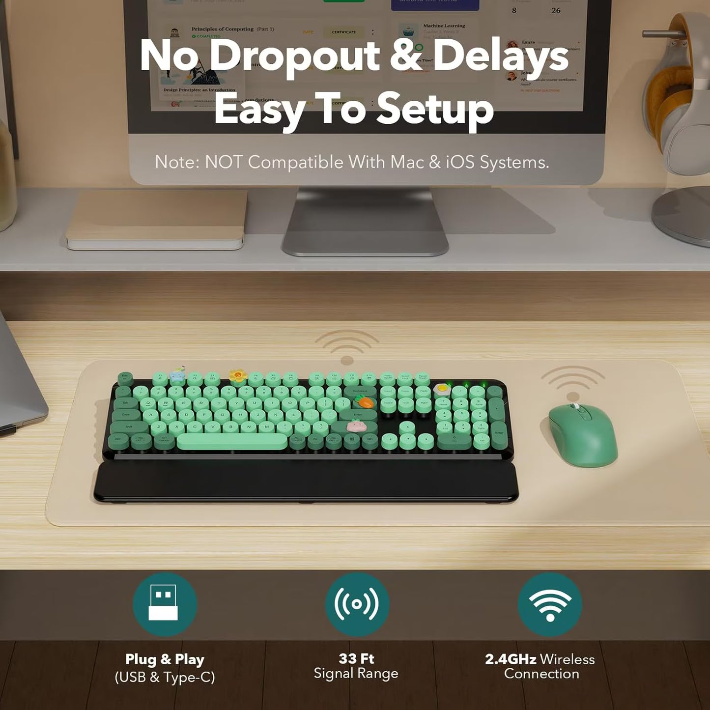 Wireless Keyboard and Mouse Combo, Retro Round Keycaps, Full Size with Detachable Wrist Rest, 2.4G for PC Mac Windows, Dark Green
