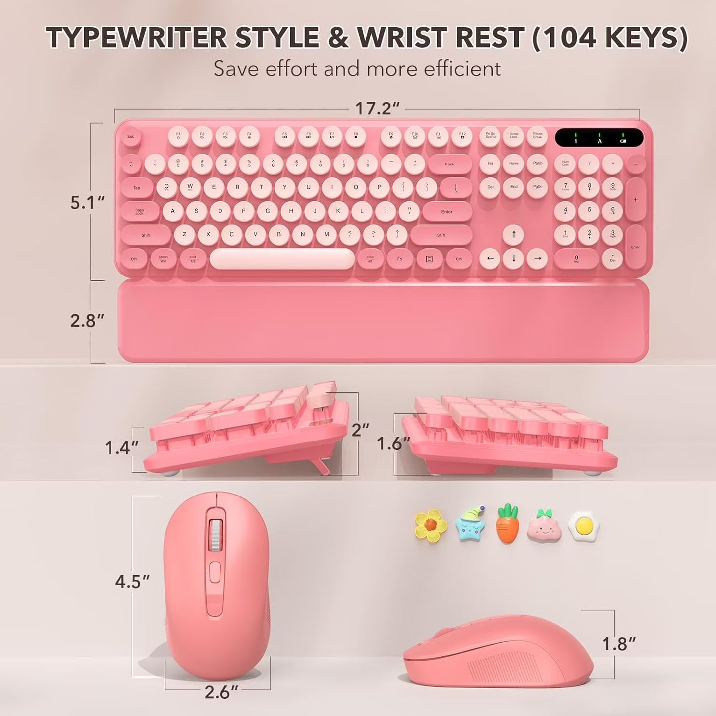 Wireless Keyboard and Mouse Combo, Retro Round Keycaps, Full Size with Detachable Wrist Rest, 2.4G for PC Mac Windows, Light Pink