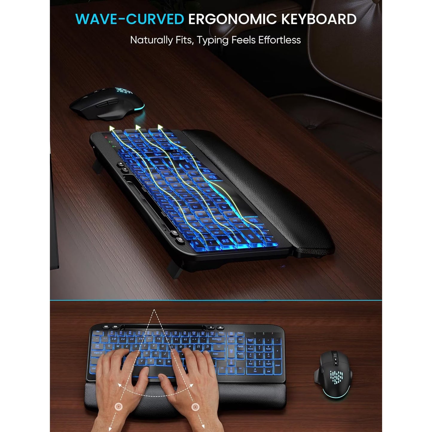 Wireless Keyboard and Mouse Combo, Ergonomic Wave Keyboard with Wrist Rest, RGB Backlit, Rechargeable, Dual System Compatible