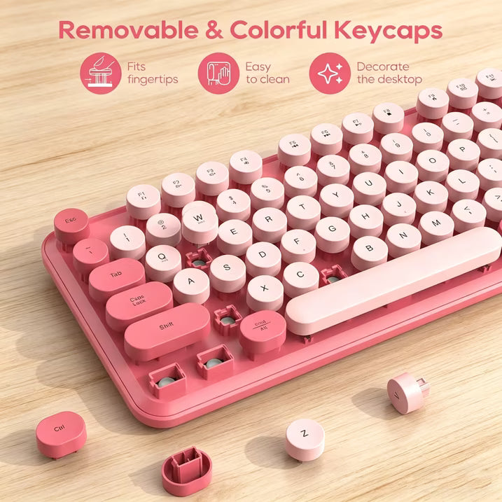 Wireless Keyboard and Mouse Combo, Retro Round Keycaps, Full Size with Detachable Wrist Rest, 2.4G for PC Mac Windows, Pink