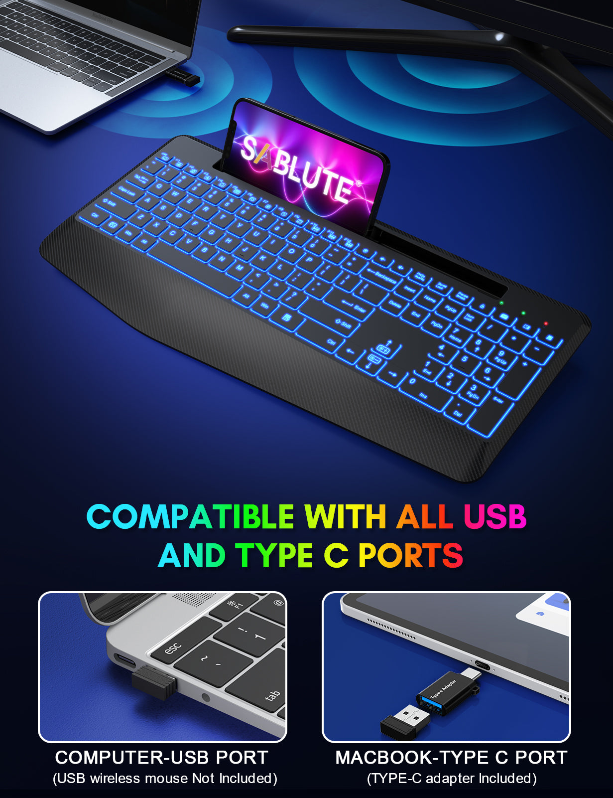 Wireless Keyboard Backlit with Wrist Rest