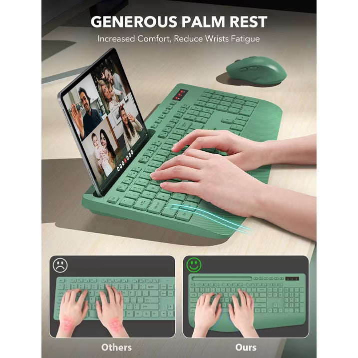 Wireless Keyboard and Mouse Combo, Full-Size Ergonomic Set with Wrist Rest & Phone Holder, 2.4G Wireless Plug & Play for PC, Laptop, Home & Office Use Sage Green