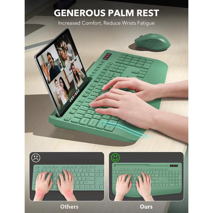 Wireless Keyboard and Mouse Combo, Full-Size Ergonomic Set with Wrist Rest & Phone Holder, 2.4G Wireless Plug & Play for PC, Laptop, Home & Office Use Sage Green