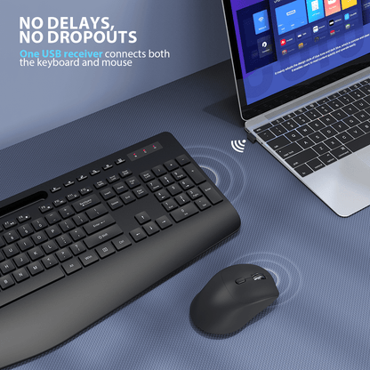 Ergonomic Wireless Keyboard and Mouse Combo with Phone Holder - Full-Sized, Silent, 2.4GHz Cordless Set for PC, Mac, Windows