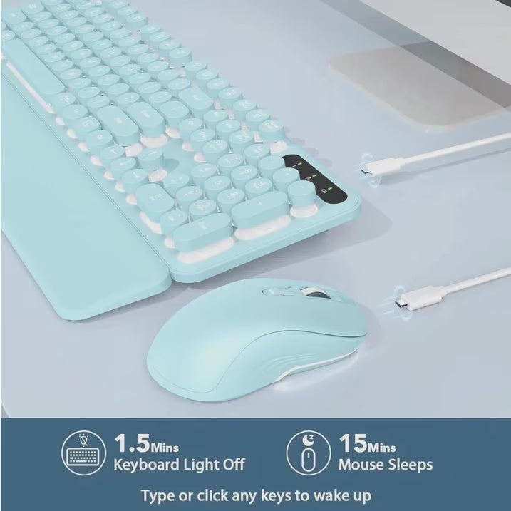 Wagpak Wireless Keyboard and Mouse Backlit - Retro Round Keycaps, Detachable Wrist Rest, Mint Green, New, 1 Count