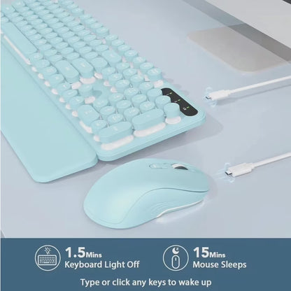 Wagpak Wireless Keyboard and Mouse Backlit - Retro Round Keycaps, Detachable Wrist Rest, Mint Green, New, 1 Count
