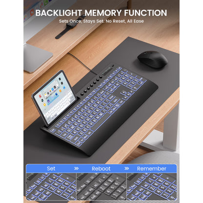 Large Print Wired Backlit Keyboard with Wrist Rest, Phone Holder, Backlight Memory, Quiet Keys, Ergonomic Keyboard for PC Laptop