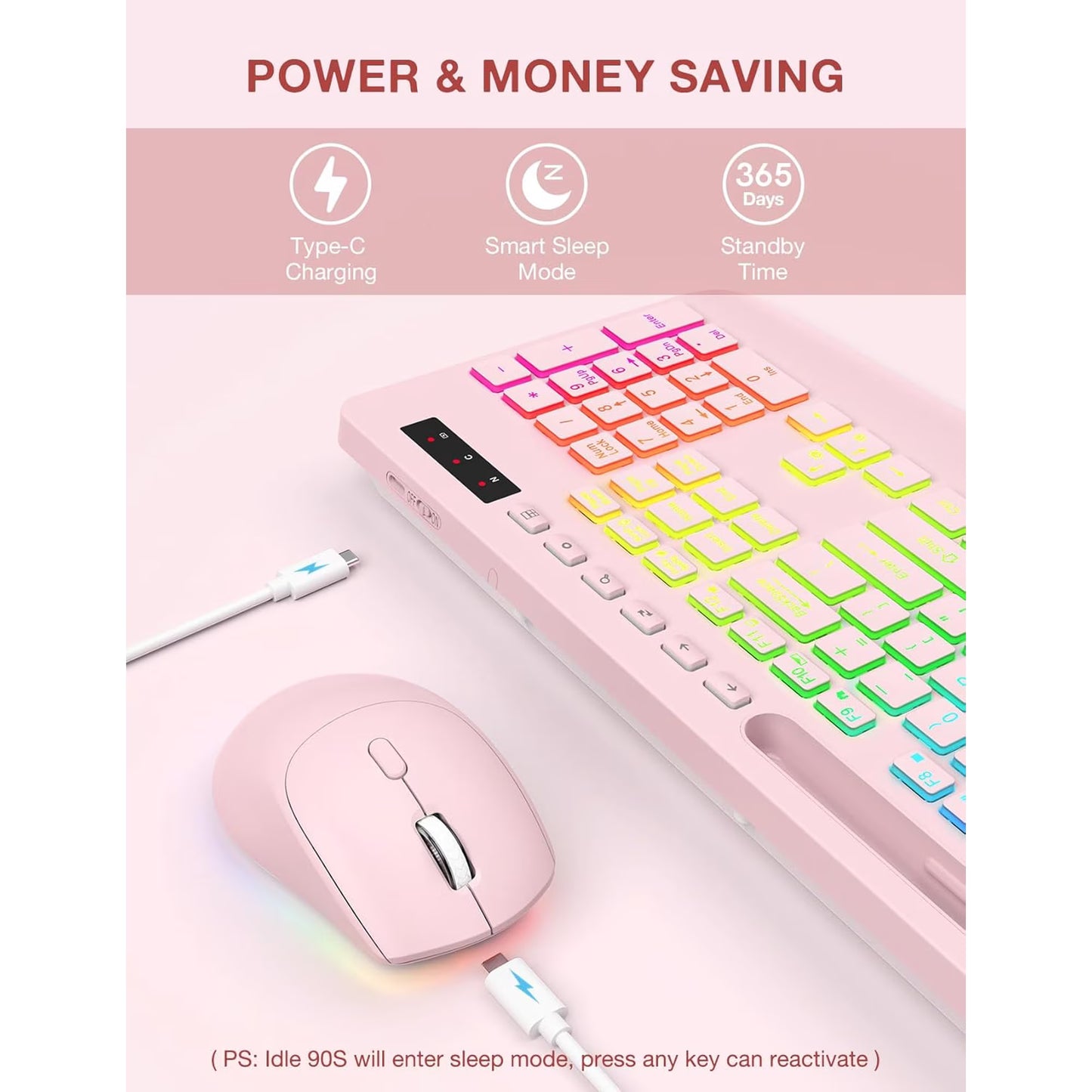 Wireless Keyboard and Mouse Combo with 9 Backlit, Wrist Rest & Phone Holder,Pink, New