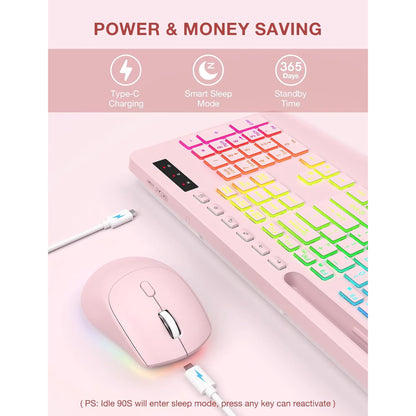Wireless Keyboard and Mouse Combo with 9 Backlit, Wrist Rest & Phone Holder,Pink, New