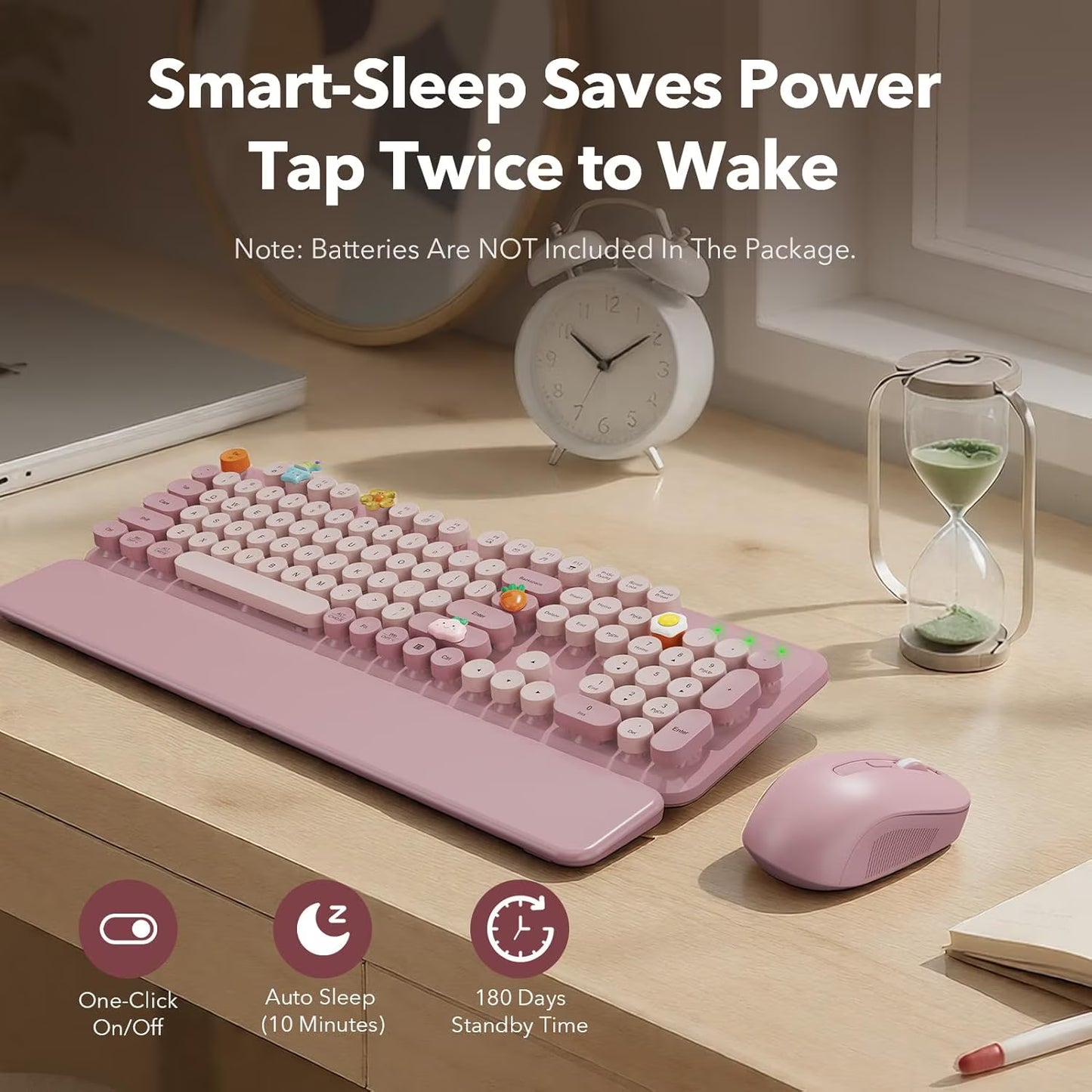 Wireless Keyboard and Mouse Combo Latte, Retro Round Keycaps, Full Size with Detachable Wrist Rest, 2.4G for PC Mac Windows