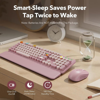 Wireless Keyboard and Mouse Combo Latte, Retro Round Keycaps, Full Size with Detachable Wrist Rest, 2.4G for PC Mac Windows