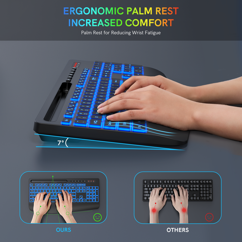 Wireless Keyboard-7 Colored Backlits-Rechargeable Ergonomic Keyboard with Silent Light Up Keys-Wrist Rest-Phone Holder-Cordless