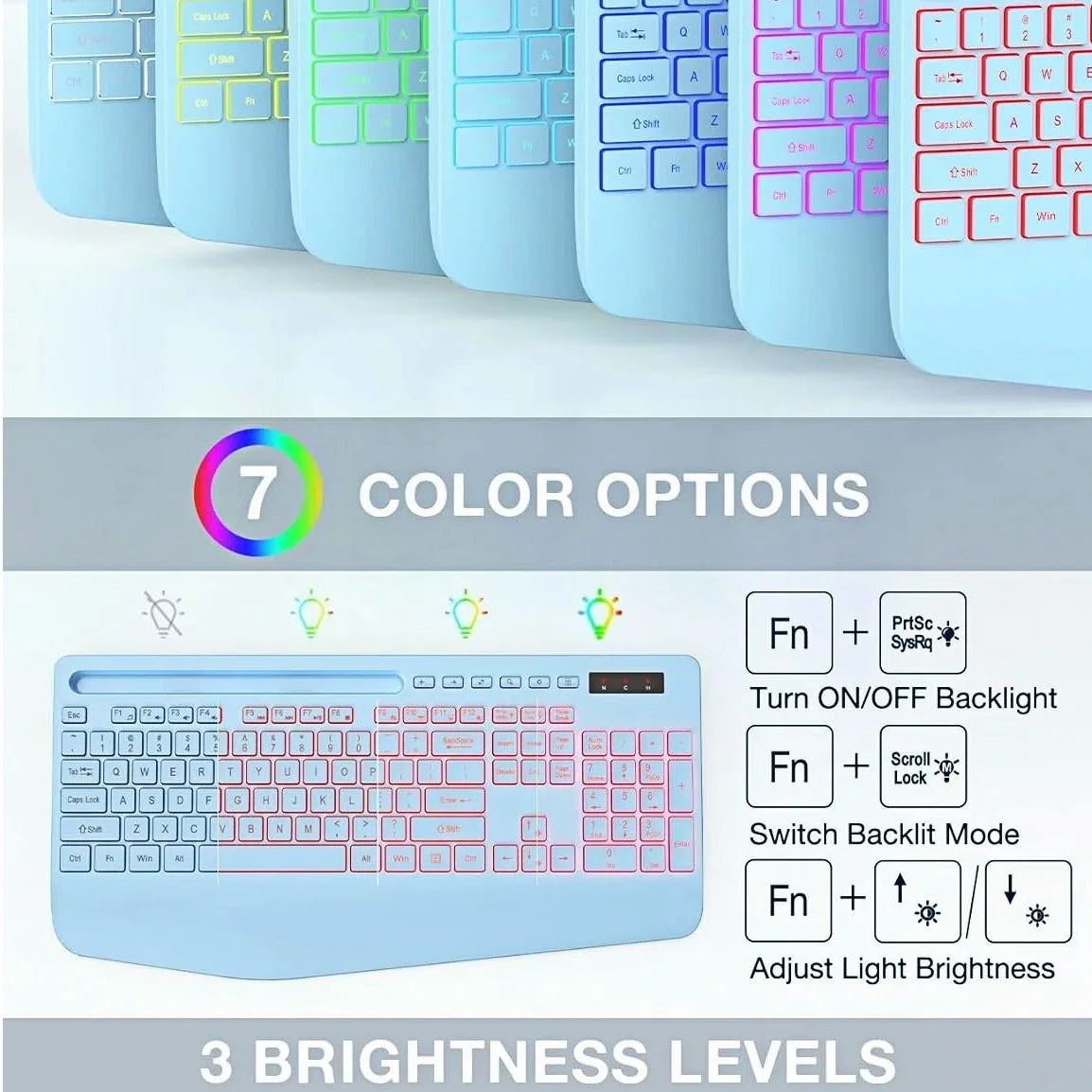 Wireless Keyboard and Mouse Combo with 9 Backlit, Wrist Rest & Phone Holder, Sky Blue