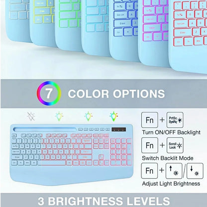 Wireless Keyboard and Mouse Combo with 9 Backlit, Wrist Rest & Phone Holder, Sky Blue