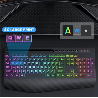 Wireless Keyboard and Mouse Combo with 9 Backlit, Wrist Rest & Phone Holder, Large Print,Deep Black