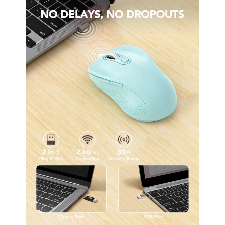 Wireless Mouse for Laptop, Ergonomic Silent Computer Mouse with USB & USB-C, 3 DPI 6 Buttons,Light Blue