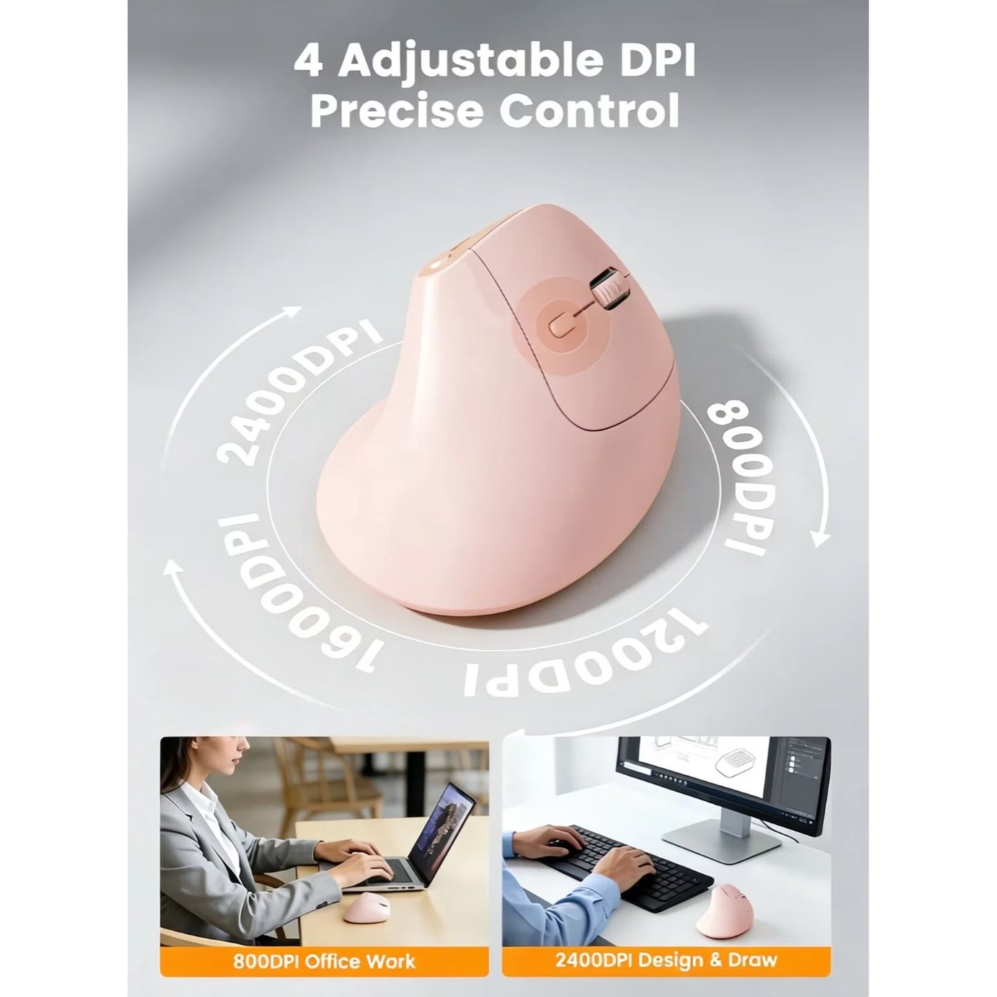 Ergonomic Vertical Mouse, Rechargeable Wireless Bluetooth Mouse for Small & Medium Hands, 4 Adjustable DPI Silent Click, Dual-Device Connection, Auto Sleep for Windows Mac OS, Pink