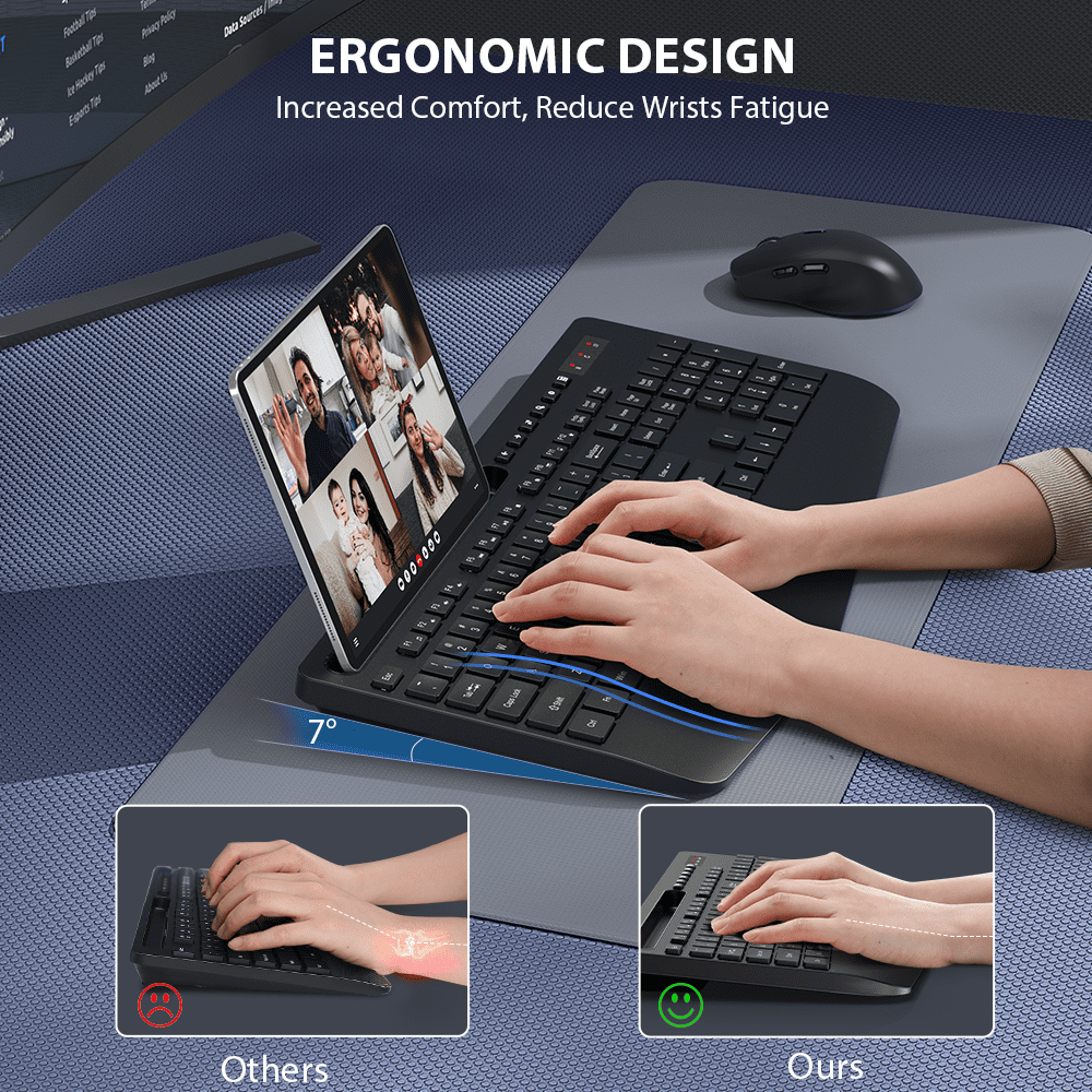 Ergonomic Wireless Keyboard and Mouse Combo with Phone Holder - Full-Sized, Silent, 2.4GHz Cordless Set for PC, Mac, Windows