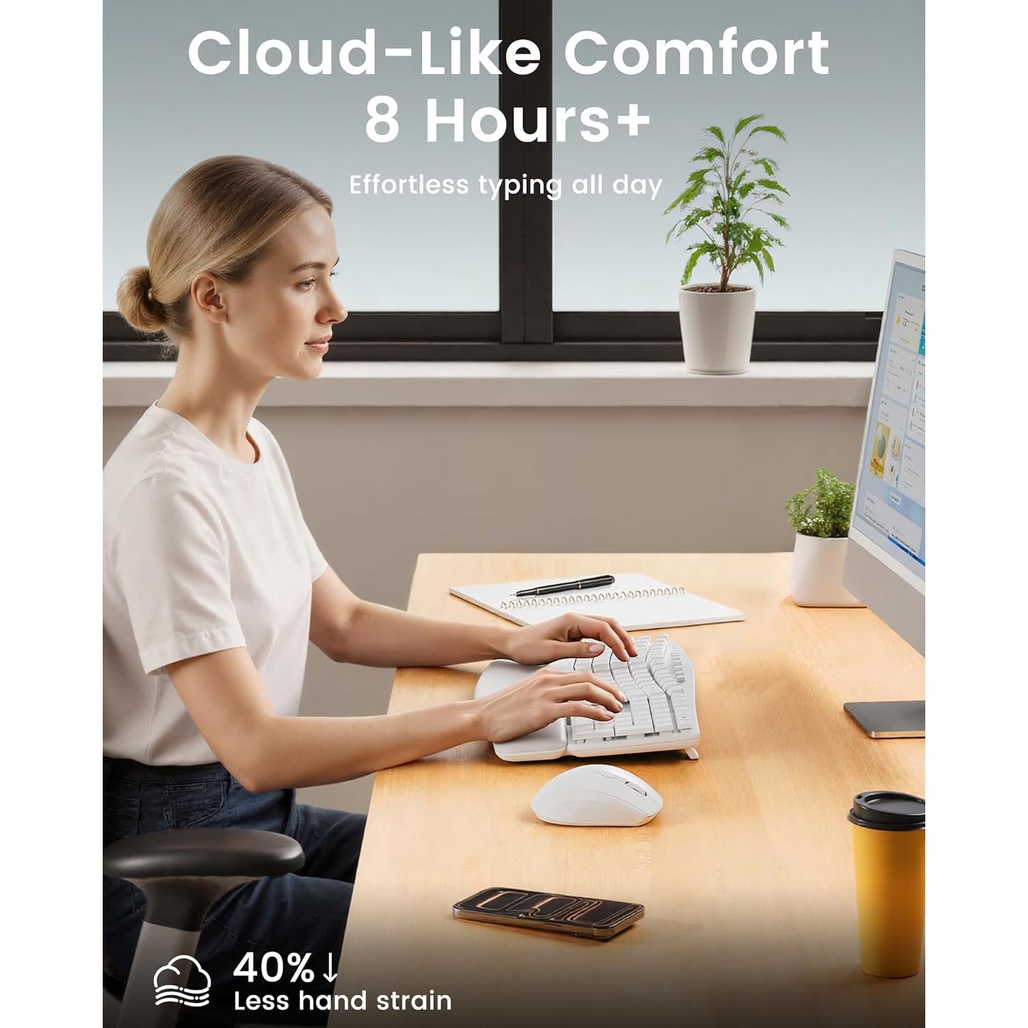 Wireless Keyboard Mouse Combo,Quiet Wave Keyboard with Leather Palm Rest, Ergonomic Mouse, Dual-System Switch, Plug & Play for Home Office,White