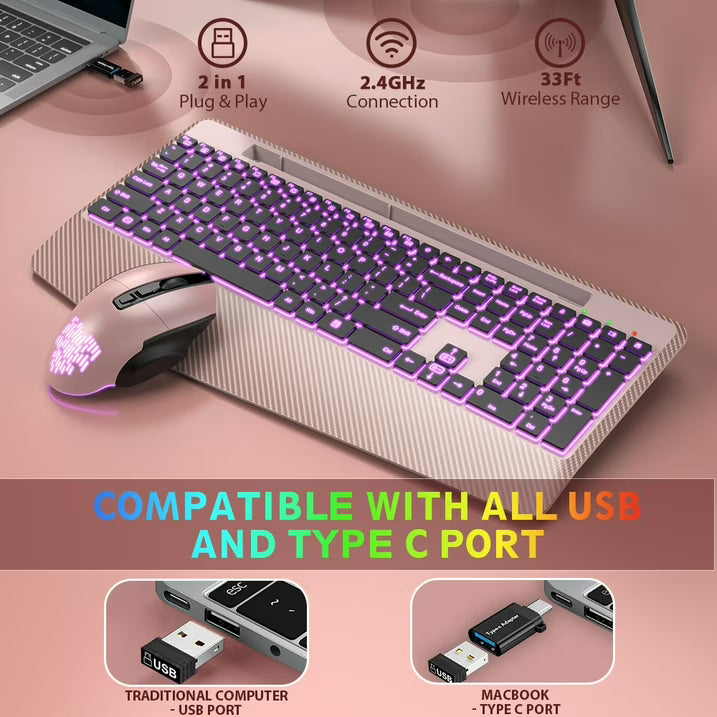 Wireless Keyboard and Mouse Backlit, Rechargeable Ergonomic Keyboard with Wrist Rest, LED Mouse, Phone Holder, Silent for Computer, Mac, PC, Laptop, Chromebook-roas gold