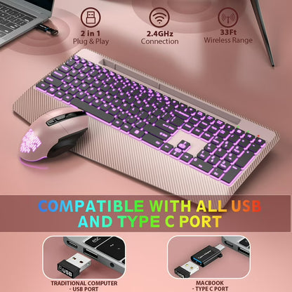 Wireless Keyboard and Mouse Backlit, Rechargeable Ergonomic Keyboard with Wrist Rest, LED Mouse, Phone Holder, Silent for Computer, Mac, PC, Laptop, Chromebook-roas gold