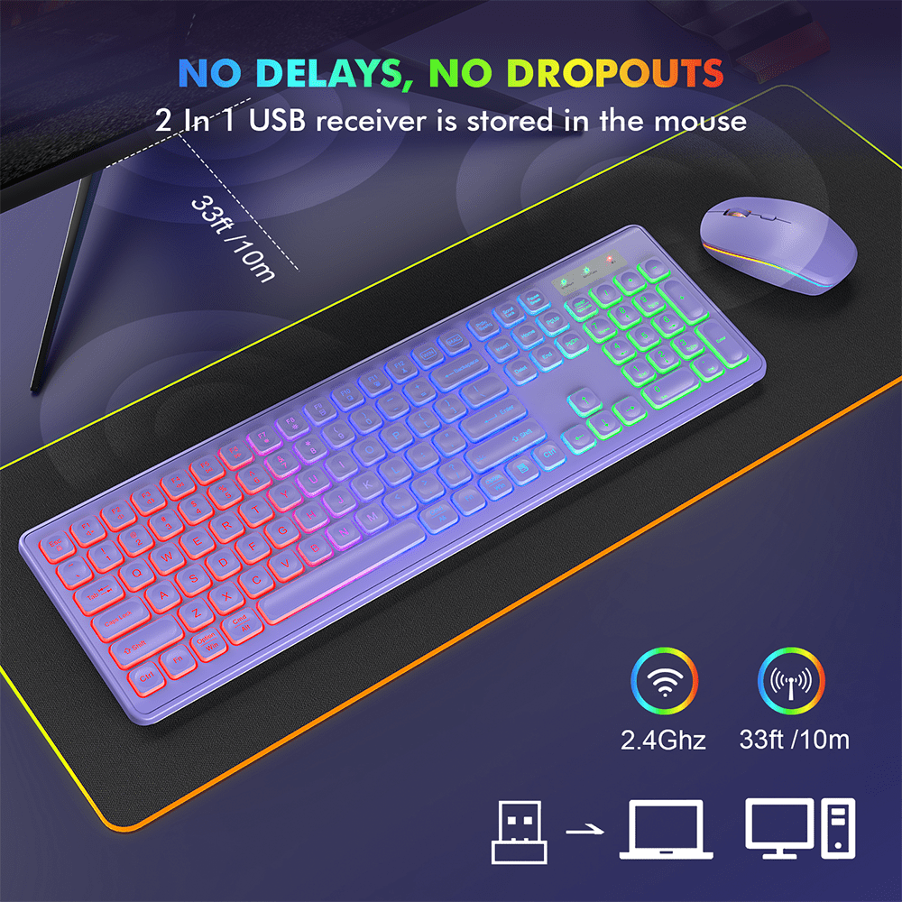 Wagpak Wireless Keyboard and Mouse Combo RGB Backlit Rechargeable 2.4GHz Quiet 108 keys Keyboard-Purple