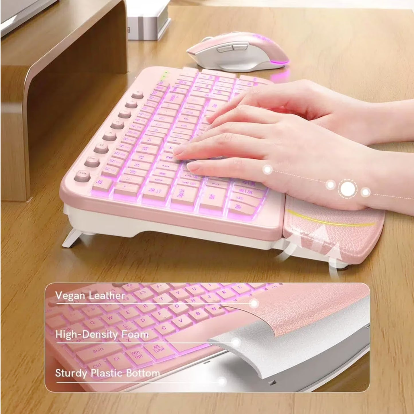 Wireless Keyboard and Mouse Combo - Ergonomic Wave Rechargeable Keyboard with Soft Leather Wrist Rest, RGB Backlit -Pink