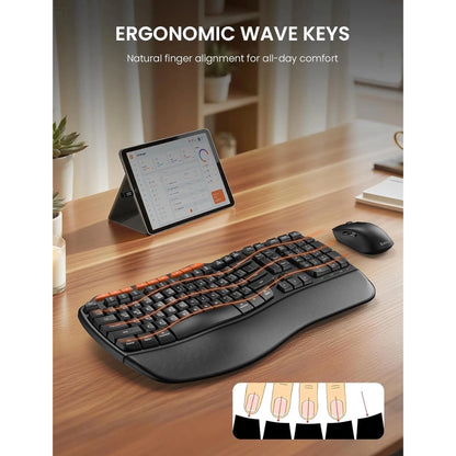 Ergonomic Wireless Keyboard and Mouse Combo, 2.4G Full Size Wave Keyboard with Cushioned Palm Rest, 3 DPI Adjustable Mouse, USB-A & C Compatible with Computer, Laptop, Mac & Tablet