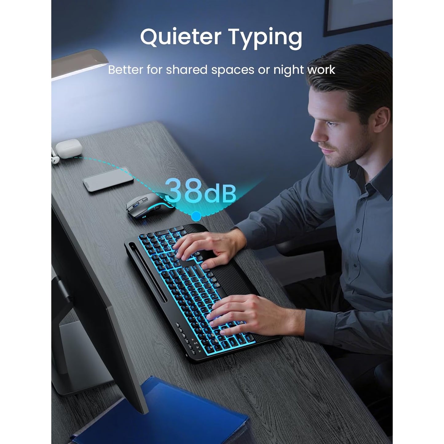Rechargeable Backlit Wireless Keyboard and Mouse Combo, Ergonomic with Wrist Rest & Phone Holder, Silent for Windows/Mac/Chrome OS - Black