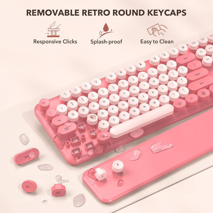 Wireless Keyboard and Mouse Combo, Retro Round Keycaps, Full Size with Detachable Wrist Rest, 2.4G for PC Mac Windows, Light Pink