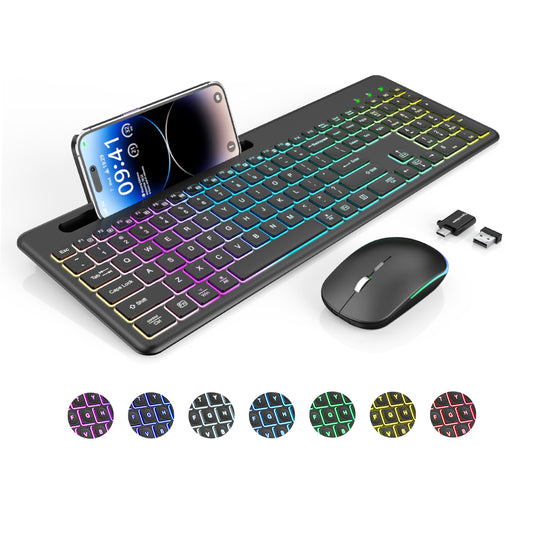 Wireless Keyboard and Mouse, 15 Backlit Effects, Slim Rechargeable Keyboard & Mouse Combo