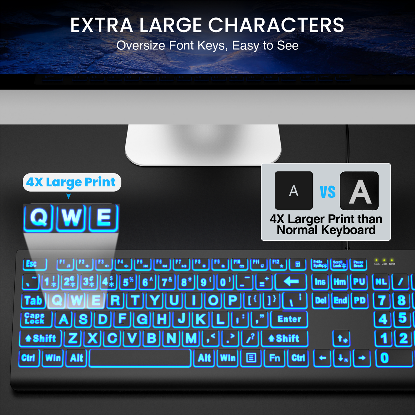 Large Print Backlit Keyboard - Wired USB Lighted Computer Keyboard