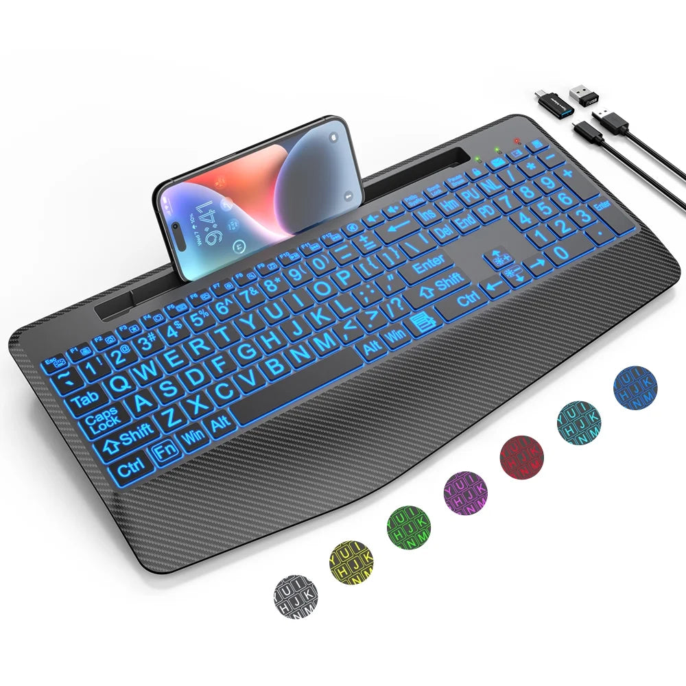 Wireless Keyboard with 7 Colored Backlits, Wrist Rest