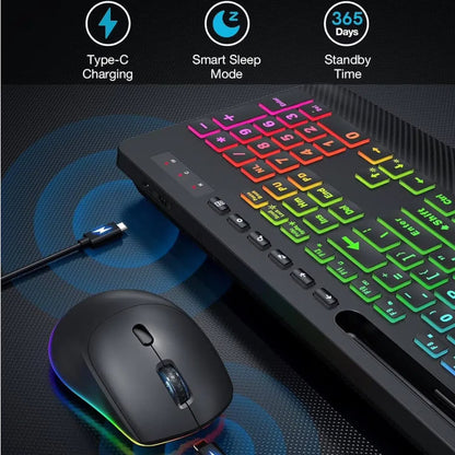 Wireless Keyboard and Mouse Combo with 9 Backlit, Wrist Rest & Phone Holder, Large Print,Deep Black