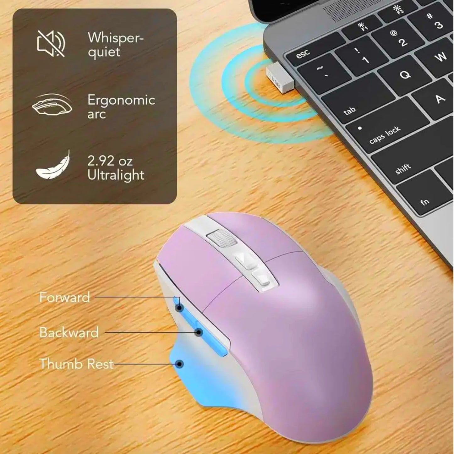 Ergonomic Wireless Keyboard and Mouse Combo, Leather Cushioned Palm Rest, Wave Keys, Silent Typing, 2.4G Lag-Free-Wagpak-Purple