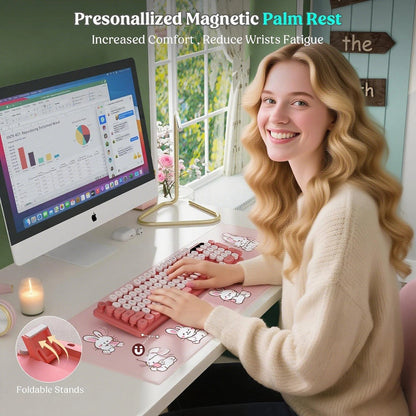 Wagpak Blush Pink Wireless Keyboard Mouse Combo - Retro Typewriter Design, Detachable Wrist Rest, 2.4G Wireless for Women, PC/Laptop/Windows