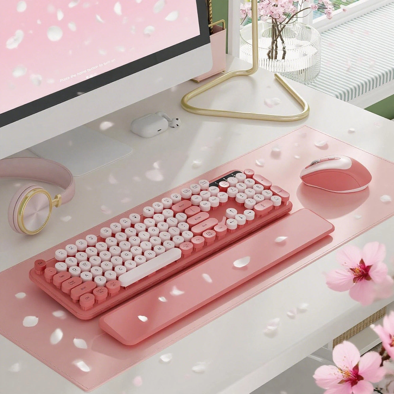 Wagpak Blush Pink Wireless Keyboard Mouse Combo - Retro Typewriter Design, Detachable Wrist Rest, 2.4G Wireless for Women, PC/Laptop/Windows