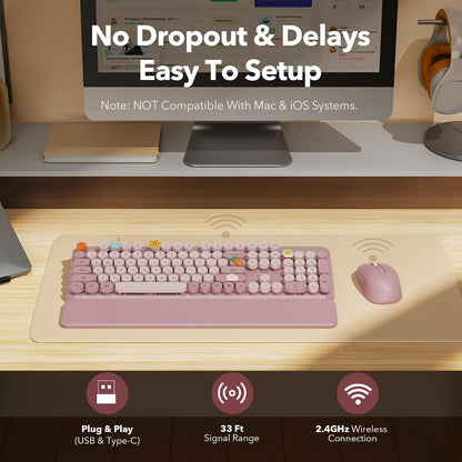 Wireless Keyboard and Mouse Combo Latte, Retro Round Keycaps, Full Size with Detachable Wrist Rest, 2.4G for PC Mac Windows