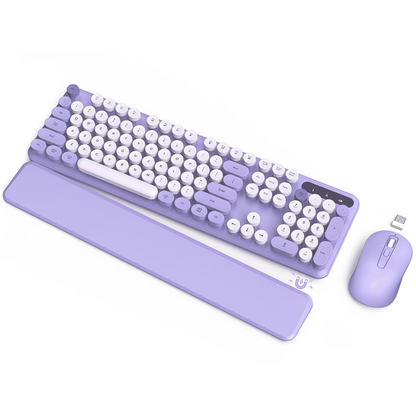 Wireless Keyboard and Mouse Combo - Retro Round Keycaps, Detachable Wrist Rest, Foldable Legs, 2.4GHz Full-Size Keyboard Purple