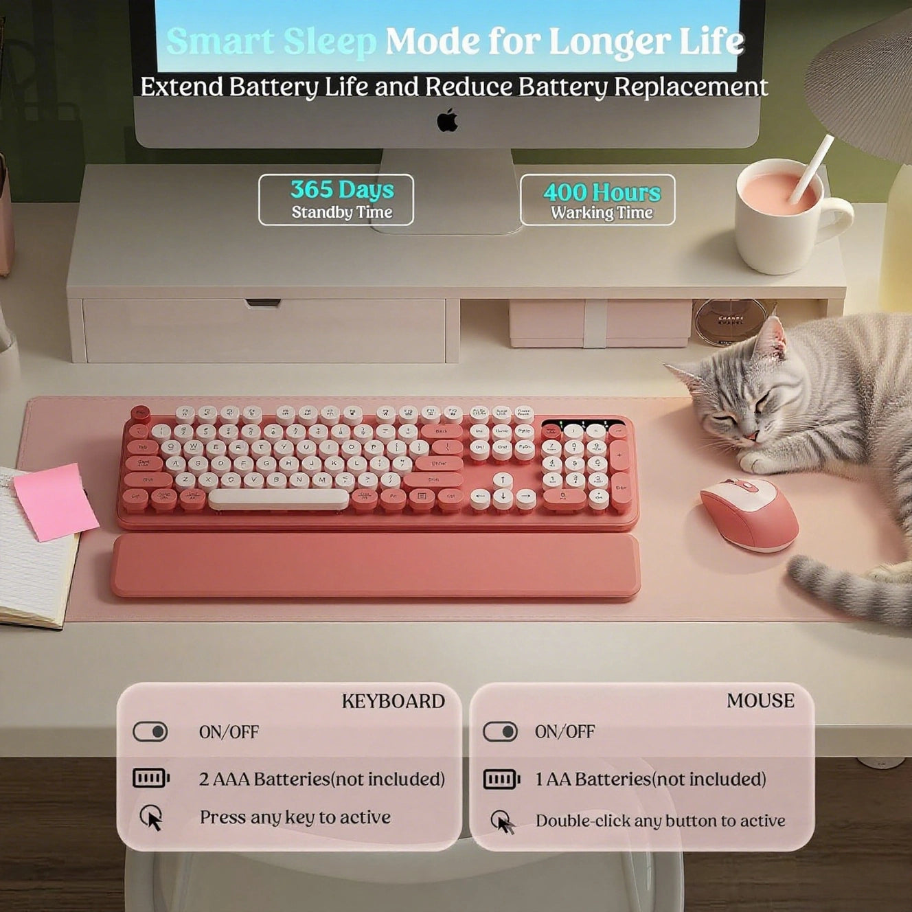 Wagpak Blush Pink Wireless Keyboard Mouse Combo - Retro Typewriter Design, Detachable Wrist Rest, 2.4G Wireless for Women, PC/Laptop/Windows