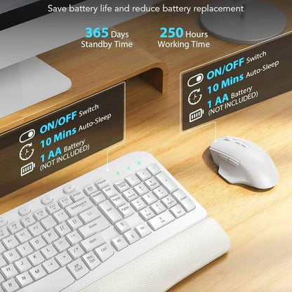 Ergonomic Wireless Keyboard and Mouse Combo, Leather Cushioned Palm Rest, Wave Keys, Silent Typing, 2.4G Lag-Free-Wagpak-White