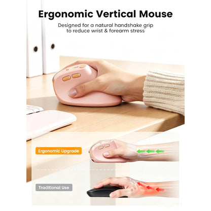 Ergonomic Vertical Mouse, Rechargeable Wireless Bluetooth Mouse for Small & Medium Hands, 4 Adjustable DPI Silent Click, Dual-Device Connection, Auto Sleep for Windows Mac OS, Pink