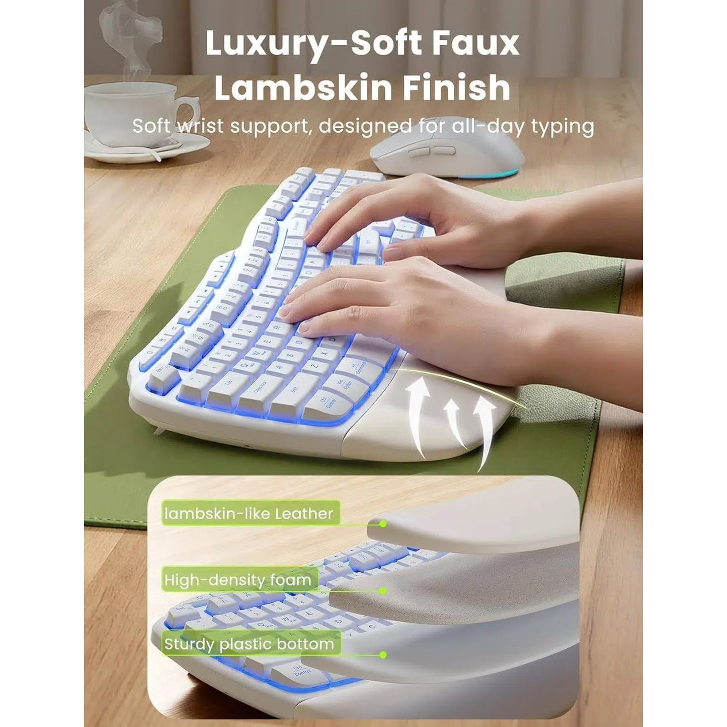 Ergonomic Wireless Keyboard and Mouse Combo, 4000mAh Rechargeable Backlit Keyboard with Lambskin Wrist Rest, Wave Keys, 10M Keystroke, USB-A/C Plug & Play for Windows Mac Chrome OS
