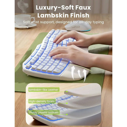 Ergonomic Wireless Keyboard and Mouse Combo, 4000mAh Rechargeable Backlit Keyboard with Lambskin Wrist Rest, Wave Keys, 10M Keystroke, USB-A/C Plug & Play for Windows Mac Chrome OS