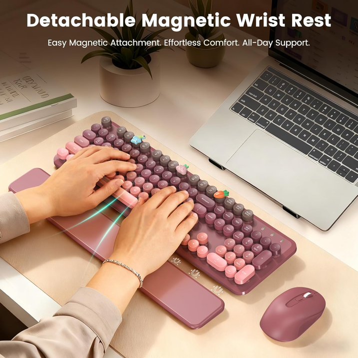 Wireless Keyboard and Mouse Combo Latte, Retro Round Keycaps, Full Size with Detachable Wrist Rest, 2.4G for PC Mac Windows