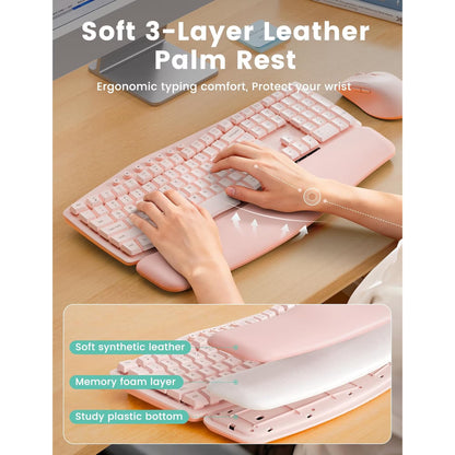 Wireless Keyboard Mouse Combo,Quiet Wave Keyboard with Leather Palm Rest, Ergonomic Mouse, Dual-System Switch, Plug & Play for Home Office,Pink