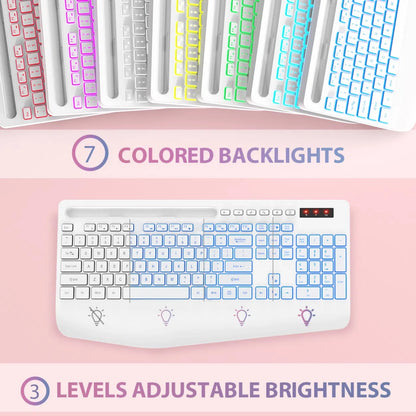 Wagpak Wireless Keyboard 7 Color Backlit Wrist Rest Rechargeable 112 Keys Quiet Keyboard-White