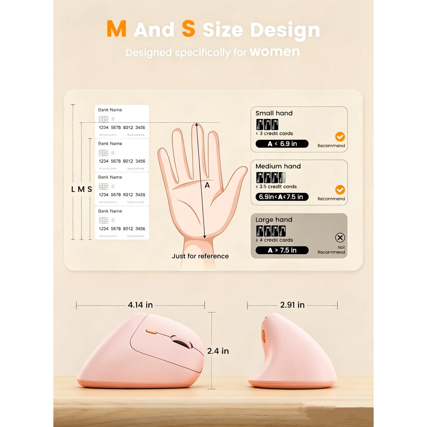 Ergonomic Vertical Mouse, Rechargeable Wireless Bluetooth Mouse for Small & Medium Hands, 4 Adjustable DPI Silent Click, Dual-Device Connection, Auto Sleep for Windows Mac OS, Pink