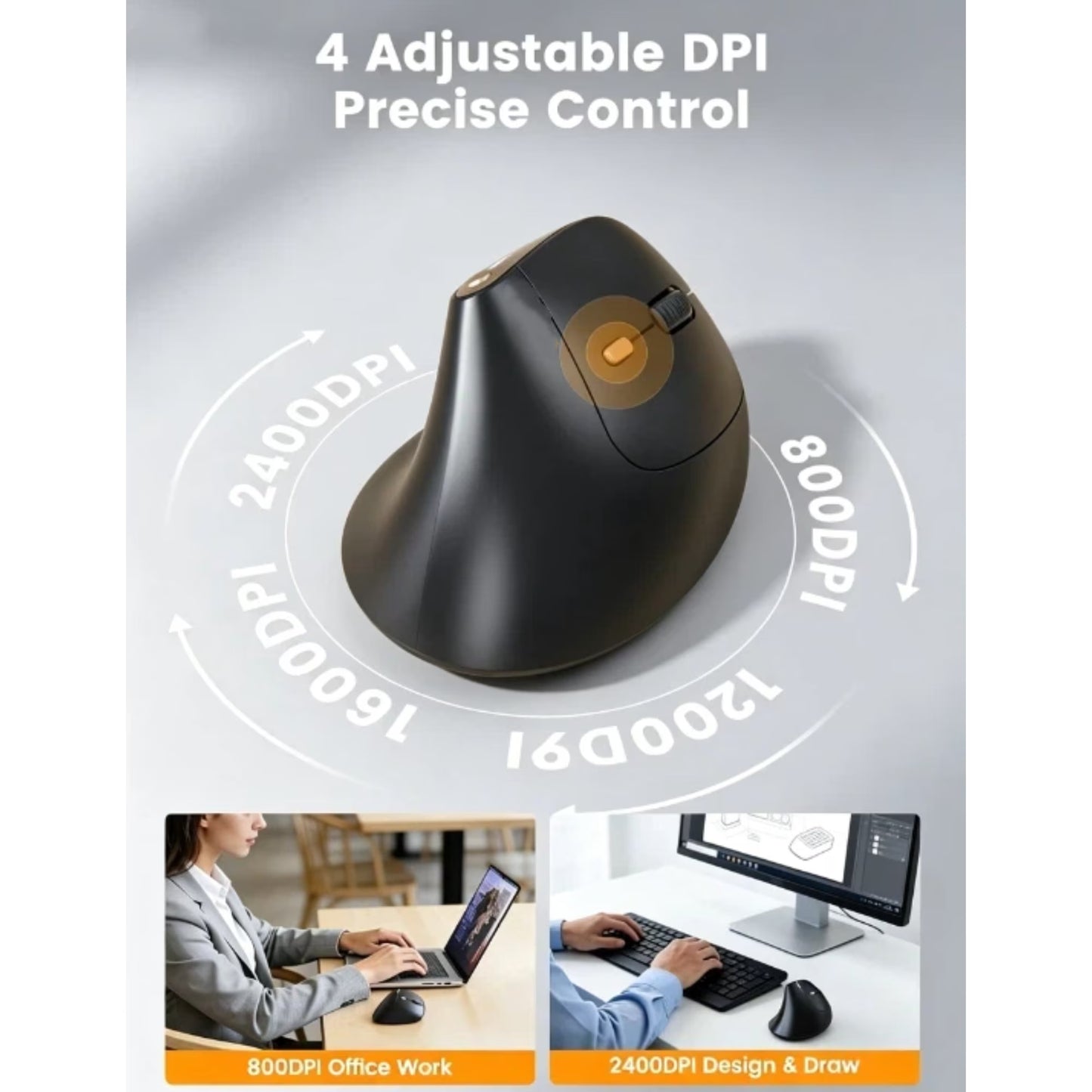 Ergonomic Vertical Mouse, Rechargeable Wireless Bluetooth Mouse for Small & Medium Hands, 4 Adjustable DPI Silent Click, Dual-Device Connection, Auto Sleep for Windows Mac OS, Black