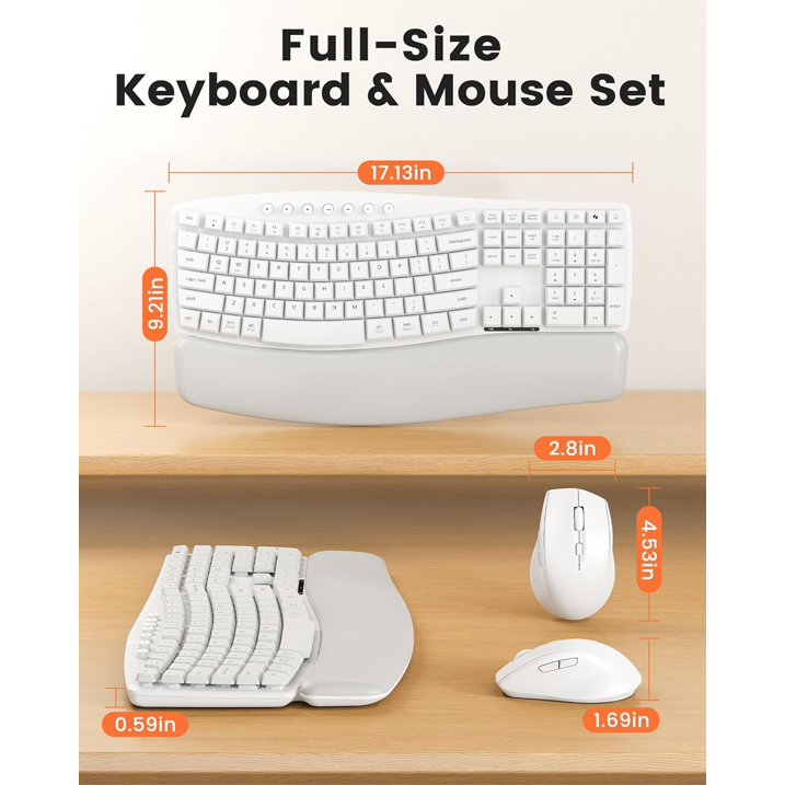 Wireless Keyboard Mouse Combo,Quiet Wave Keyboard with Leather Palm Rest, Ergonomic Mouse, Dual-System Switch, Plug & Play for Home Office,White